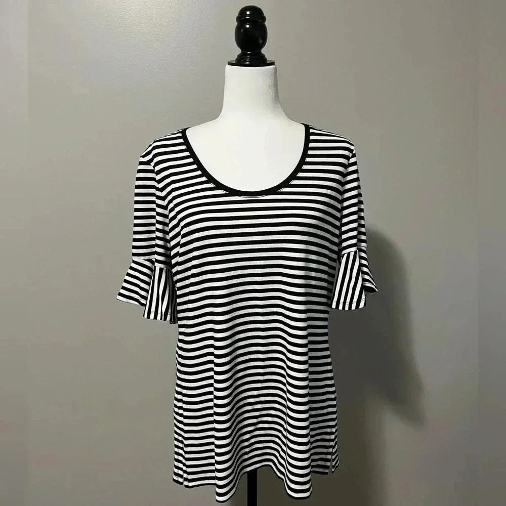 Isaac Mizrahi Shirt Sleeve Striped Scoop Neck Knit Top